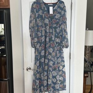 Mango Blue Floral Maxi Dress with Soft Pink & Cream Blooms
